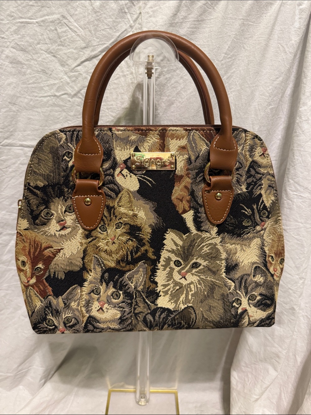 Cat Tapestry Satchel Bag in Brown